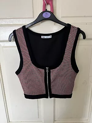 ZARA Black And Red Zip Up Front Ultra Cropped Stretchy Tank Top • £8