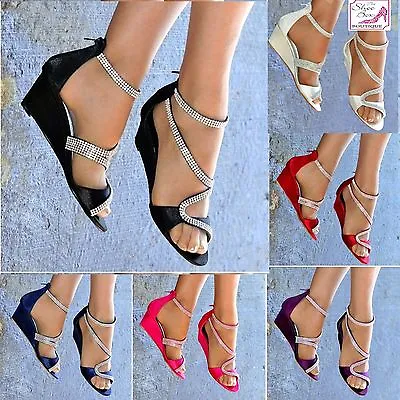 £26.99 • Buy Ladies Satin Diamante Detail Low Mid Wedge Heel Peep Toe Strappy Shoes Sizes 3-8