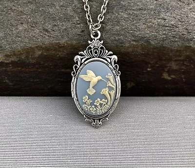 Wedgwood Blue Hummingbird Cameo Hidden Locket Necklace Vintage Stash Box Pillbox • $31