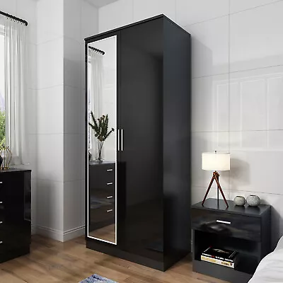 Bedroom Home Furniture 2 Doors Wardrobe With Mirror Clothes Storage Hanging Rail • £126.88