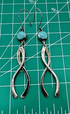 Vintage Mexican Sterling 925  Turquoise Double Dangle Earrings Signed HOB 3.5” • $39.99