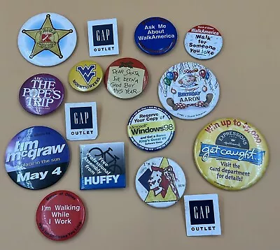 Large Lot Of 16 Nice Vintage Variety Pins: Gap Huffy K-Mart Tim McGraw The Pope • $6