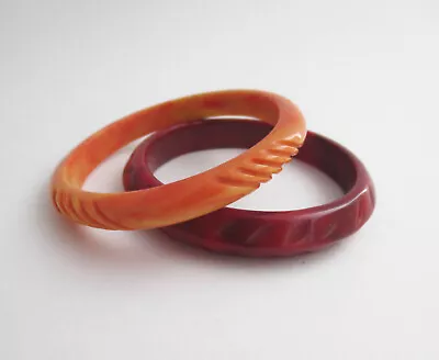 2 Vintage Carved Orange And Red Marbled Plastic Bangle Bracelets Retro Estate • $23.95