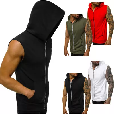 Mens Zip Hoodie Tank Tops Workout Bodybuilding Sleeveless Sweatshirt Hooded Vest • $16.89