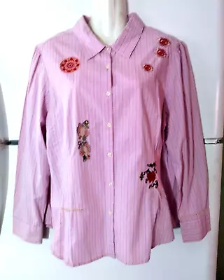 NEW WOMEN'S CAbi PINK STRIPED EMBROIDERED LONG SLEEVE 100% COTTON BLOUSE SIZE XL • $54.99