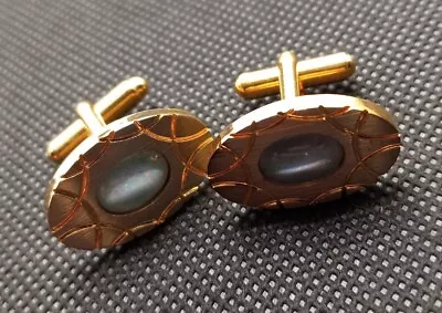 Vintage Etched Oval Gold Tone Faux Blue Opal Stone Cuff Links. 392 • $9.95