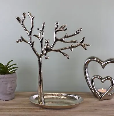 Silver Metal Tree With Cat Jewellery Stand Rack Necklace Earring Keyring Display • £22.95
