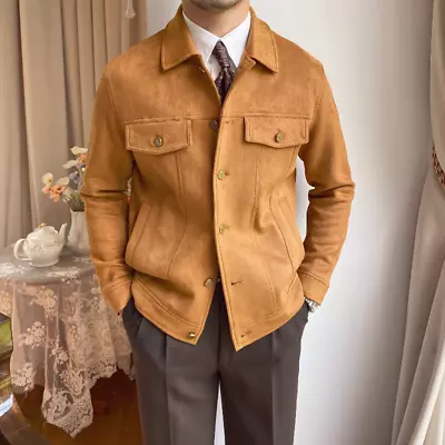 Men Retro Suede Jacket Lapel Buttons Formal Casual Coat Parka Pockets Short Tops • $74.98