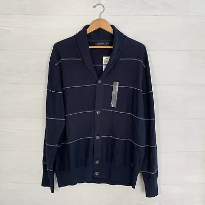 NWT Nautica - Navy Blue Striped Cotton Cardigan Sweater Shawl Collar XL • $27.50