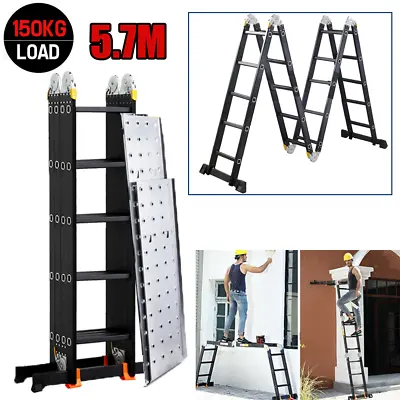 5.7M 14 In 1 Aluminium Folding Ladder Multi-function Platform Locking Step Black • £155.97