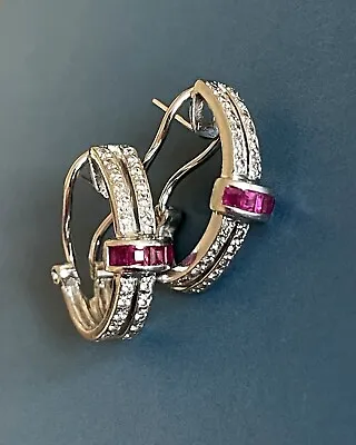 1ct Ruby Diamond Earrings Hoops In 18ct White Gold Cluster Studs Lever-Back • £1369