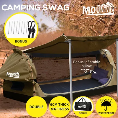 Mountview Double Swag Camping Swags Canvas Dome Tent Free Standing Khaki • $259.99