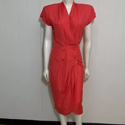 Vintage Hearts Dress 7-8 Coral Pleated Lightweight Button Wrap Shoulder Pads • $34.97