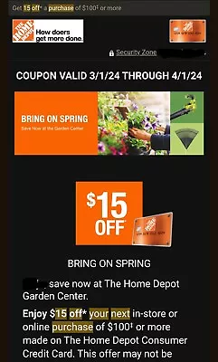 Home Depot Garden Center $15 Off In-Store Or Online Purchase Of $100+ Exp 4/1/24 • $2.50