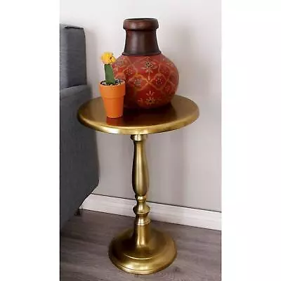 Polished Gold Aluminum Round Accent Side Table Traditional Pedestal Base Stand • $101.60