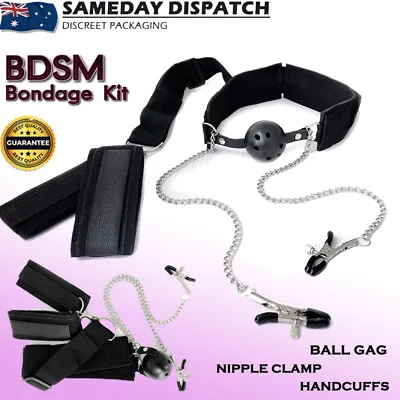 BDSM Fetish Mouth Gag Nipple Clamp Handcuffs Restraint Bondage Kit Adult Sex Toy • $22.95