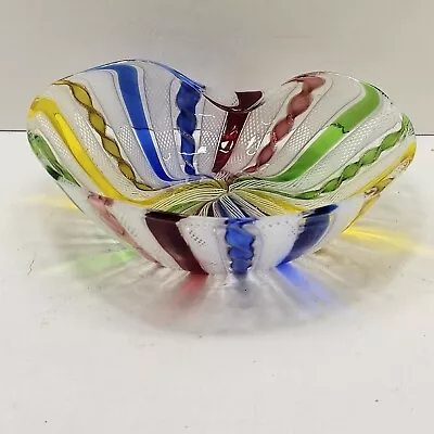 Vintage Murano Italian Zanfirico Latticino Ribbon Multicolored Folded Bowl READ  • $69.99