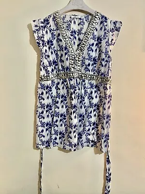 VANILLA SANDS Blue And White Silver Jewelled Embellished Tunic Cover Up Size 18 • £4.99