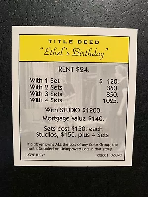 Monopoly I LOVE LUCY Ethel's Birthday TITLE DEED CARD Game Replacement Piece • $1.59