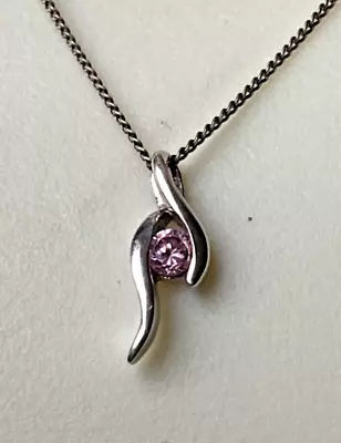 Sterling Silver 925 Pendant & Chain Twist Style  With Pink Gemstone • £10