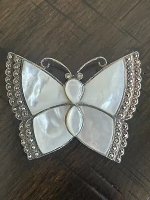 Vintage .925 Silver Mother Of Pearl & Marcasite Butterfly Brooch • $24.99