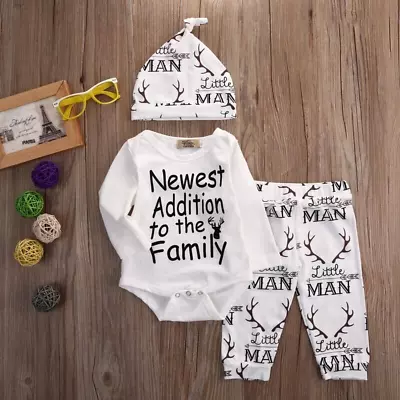 Newborn Baby Boy 3pcs Clothes Outfits Shirt Tops Pants Hat Infant Bodysuit Set • $23.09