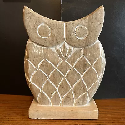 Owl Wood Carved Figurine Shabby Chic White Wash Painted Statue Base Stand • £11.63