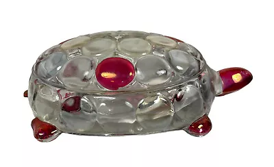 Turtle Clear Glass Trinket Box Flashed Magenta Spots Lidded • $12