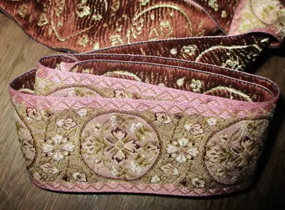 BTY   Vintage 1 5/8  Exquisite  Pink Taupe  Silk  French  Jacquard Ribbon~NOS • $18.50