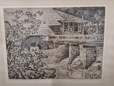 Walter R. Locke  Art Etching Print “Old Mill” Brook Alabama Signed App. 1944 • $350