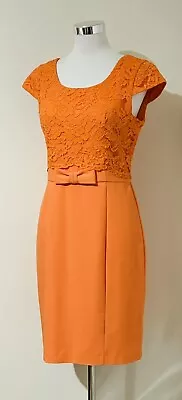 Review Size 10 Mini Dress Orange Floral Lace Bow Straight Cap Sleeves • $39