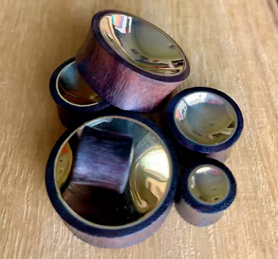 PAIR Concave Gold Tin Sono Wood Plugs Organic Gauges Earlets - Double Sided! • $17.95