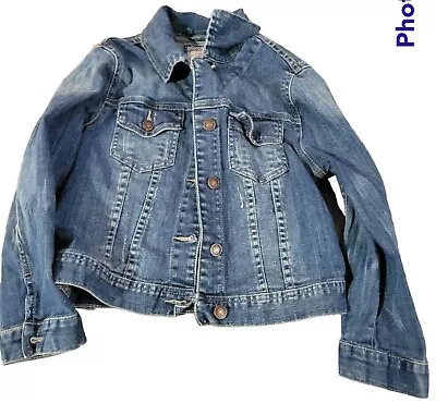 I LOVE H81 Brand Girls Large Stretch Denim Jean Jacket  Trucker Blue Cropped Vtg • $41.46