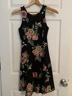 Womens Nordstrom Soprano Size XS Black A-line Dress With Embroidery Look Flowers • $3