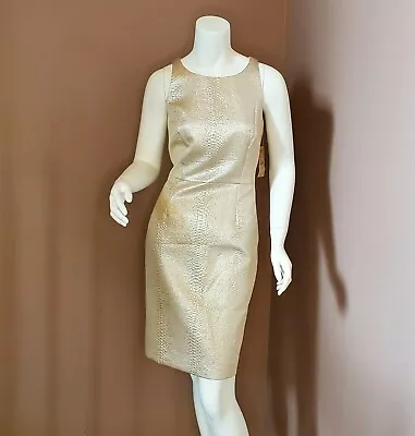 NWT CREMIEUX Mary Ellen Embossed Muted Gold Lamé Sheath Dress Size 4 • $50