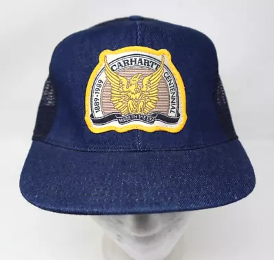 Vintage Carhartt Adult Centennial 1889-1989 Blue Denim Adjustable Trucker Hat • $34.99