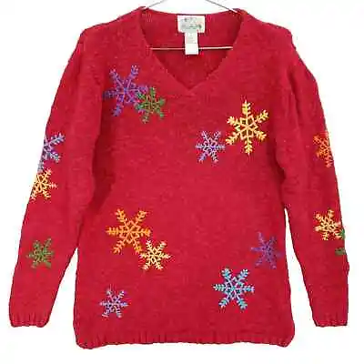 Quacker Factory Sweater Womens Small Red Multicolor Snowflake V Neck Knit Top • $19.99