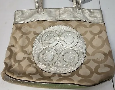 COACH Laura Large Signature TOTE Bag Canvas & Leather Khaki/Brown Gold • $35