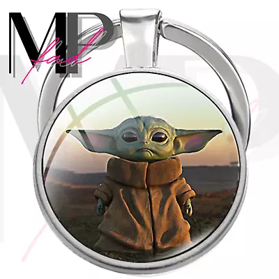 Baby Yoda Mandalorian Keychain Metal Ring Key Fob Charm Cabochon IN THE DESERT • $9.98