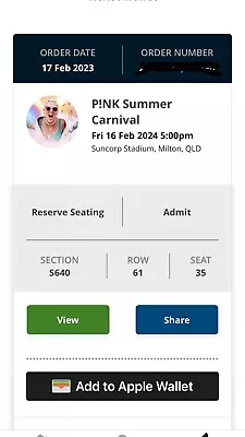 1x Pink Concert Ticket For 16th Of February  • $120