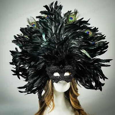  Black Venetian Carnival Large Feather Masquerade Mask Mardi Gras Party M8553BK • $49.99