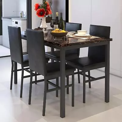 5PCS Dining Table Set Modern Faux Marble Tabletop 4 PU Leather Upholstered Chair • $236.92