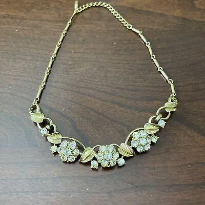 Vintage Signed Coro Gold Tone Rhinestone Flower Necklace • $16.99