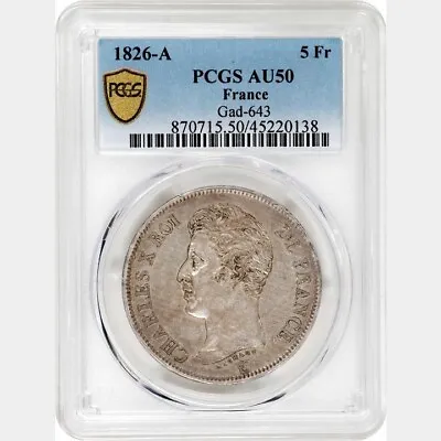 1826 A France 5 Francs. PCGS AU 50. GAD 643 • $189