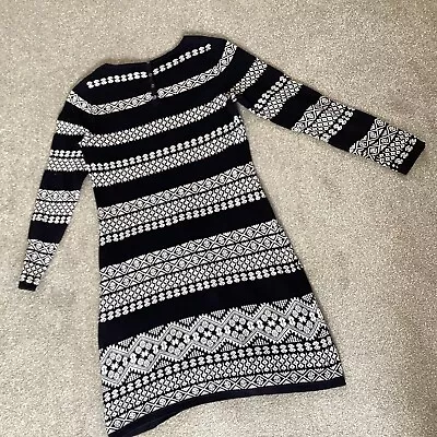 Monsoon Black & Cream Fair Isle Cotton Knitted Dress Jumper Dress Medium • £11.99