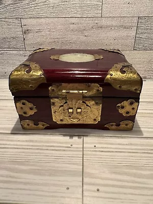 Vintage Chinese 301 Cherry Wood Brass Carved Jade Silk Jewelry Box • $35