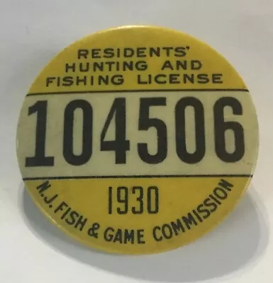 NJ New Jersey Hunting Fishing License Pin Badge Game Fish. -1930 • $14.99
