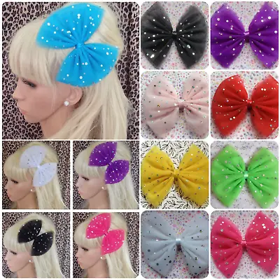 BIG OVERSIZED SPARKLE SEQUIN TULLE NET BOW HAIR CLIP GRIP 80s STYLE RETRO PARTY • £4.49