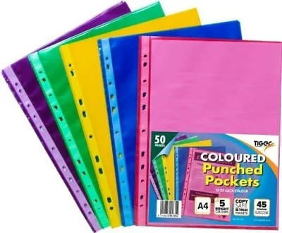 A4 50 Coloured Plastic Wallets Clear Strong Punched Ring Binder File Pockets • £5.95