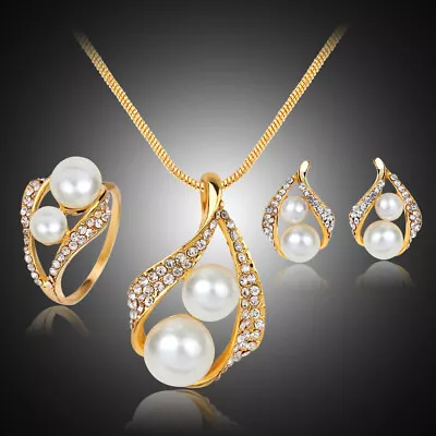 Natural Freshwater Pearl Necklacet  Ring Earrings Jewelry Set Plated Crystal • $10.71